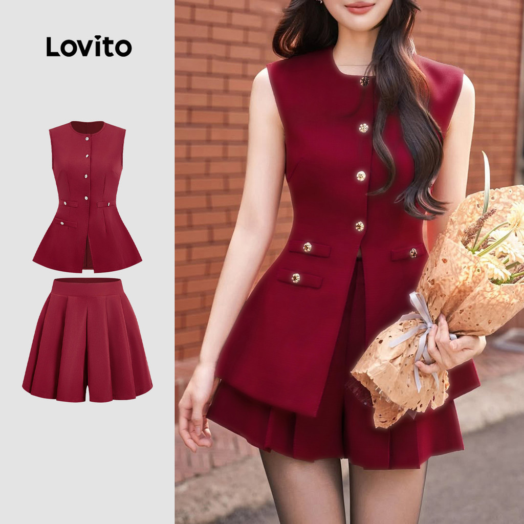 Lovito Conjunto Casual De Blusa Ou Calça Para Festa Com Pregas Na Cor Bordô Primavera/verão Para Mulheres L165ED584 em Oferta na Shopee