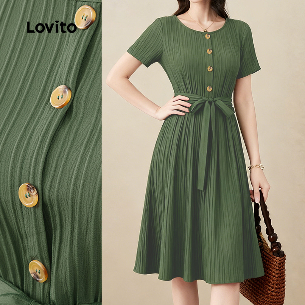 Lovito Vestido Casual com Botões Frontais Primavera/verão Vestido Verde para Mulheres L164LD080 em Oferta na Shopee