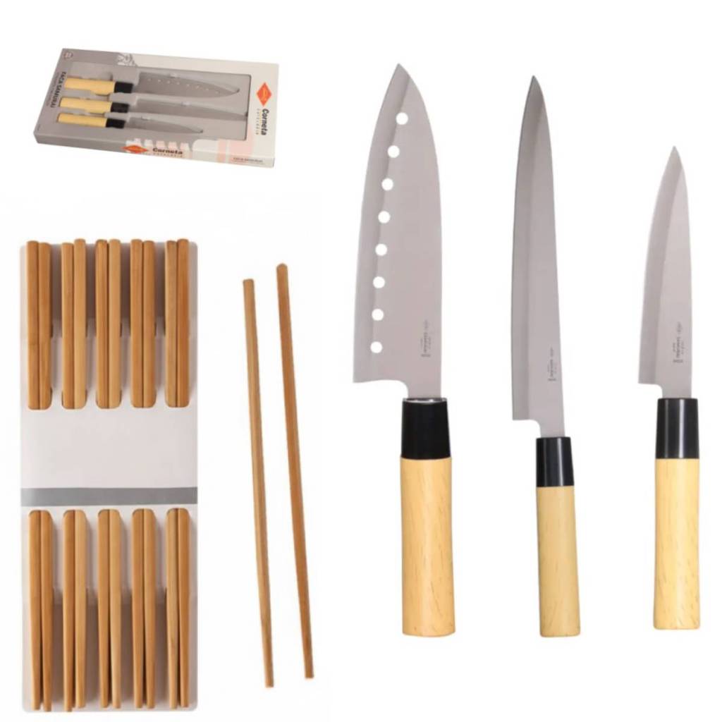 Faca Japonesa Sushi Sashimi Cozinha Jantar Hashi Madeira Kit Peixes Salmao Atum Jantar