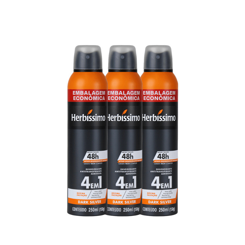 Kit Desodorante Antitranspirante Aerossol Herbíssimo Dark Silver 250ml - Embalagem Econômica (3 unidades)