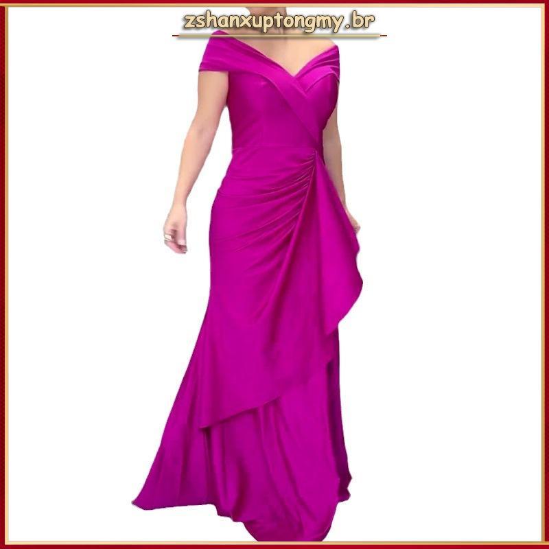 vestido longo de festa ombro a ombro com fenda drapeado elegante rose fucsia marsala marrom + cores