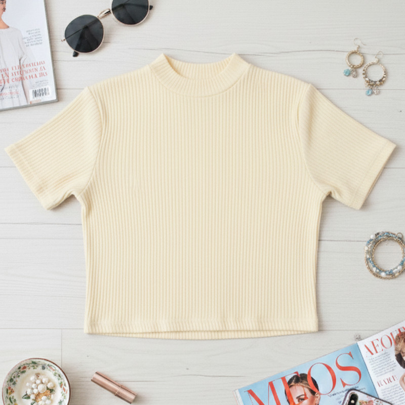 Cropped Feminino Canelada Baby Tee Manga Curta Ajustado Casual Elegante Ribana Fit