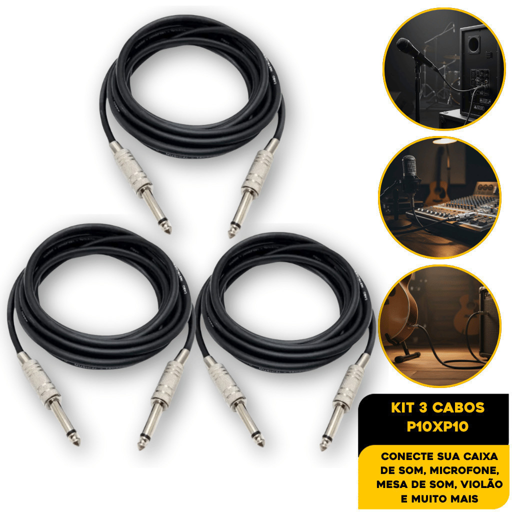 Kit 3 Cabo P10 P10 Mono Guitarra Violão Baixo Cavaquinho Caixa Som Amplificador 5 Metros Premium