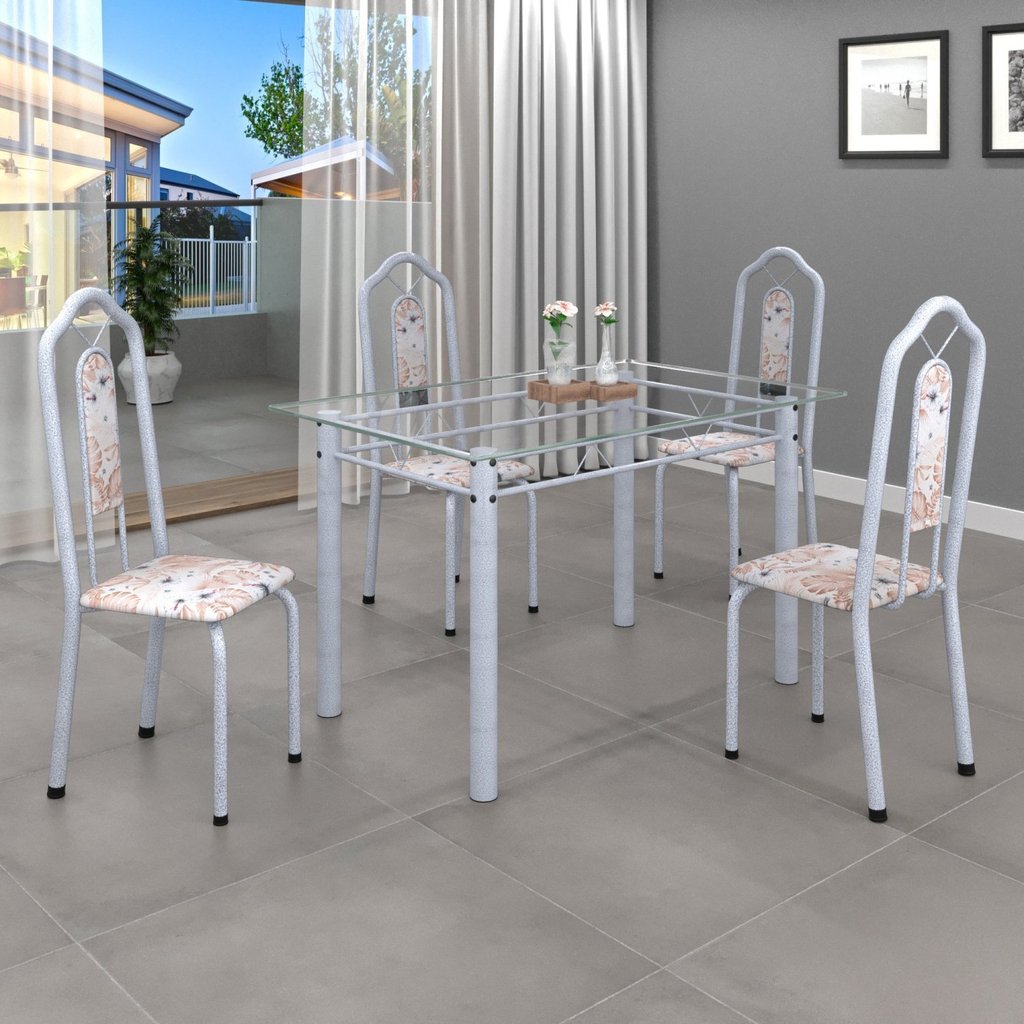 Conjunto de Mesa 120x75cm Tampo Vidro com 4 Cadeiras Bianca Branco/Botanic Bege/Mart Pérola/Incolor Botanic Bege/Mart