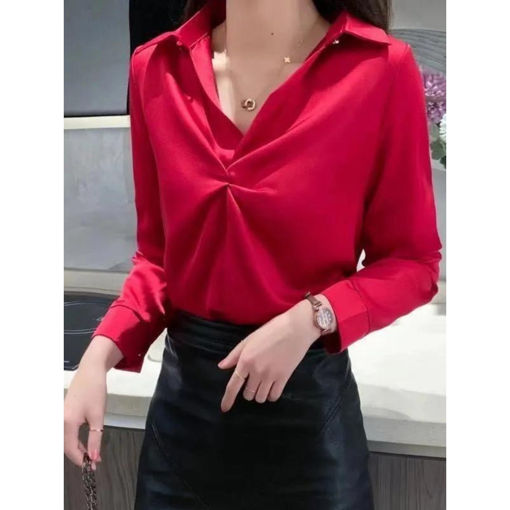 Primavera novo estilo elegante estilo ocidental camisa feminina de manga comprida solta Casual com decote em v Chiffon t