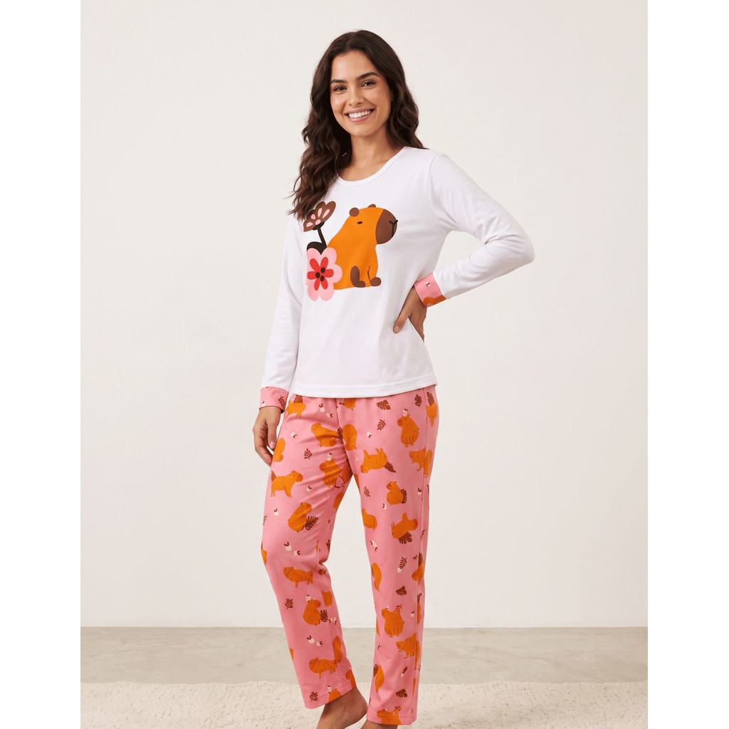 Pijama Feminino Adulto Estampado Conjunto Manga Longa Calça Pijama Inverno Slim Confortável