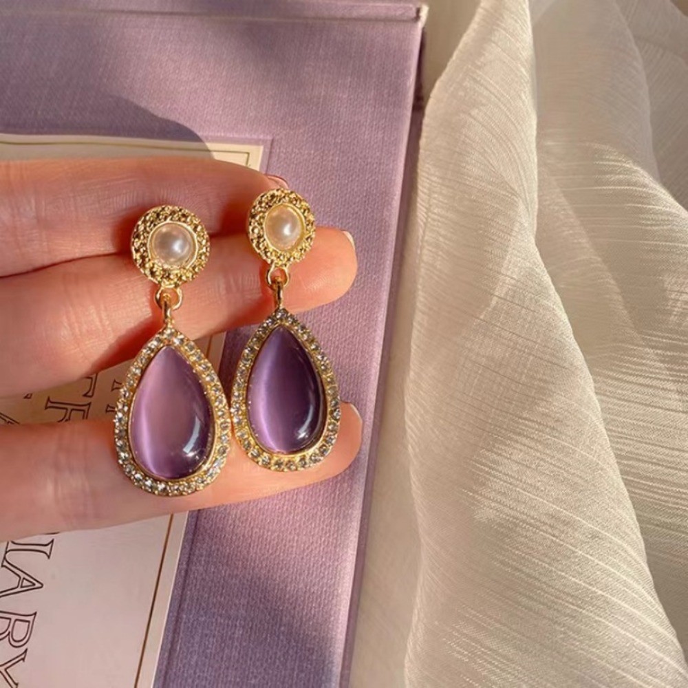 Retro palácio roxo Gem gota de água brincos francês elegante brincos de diamante elegante requintado luz brincos de luxo