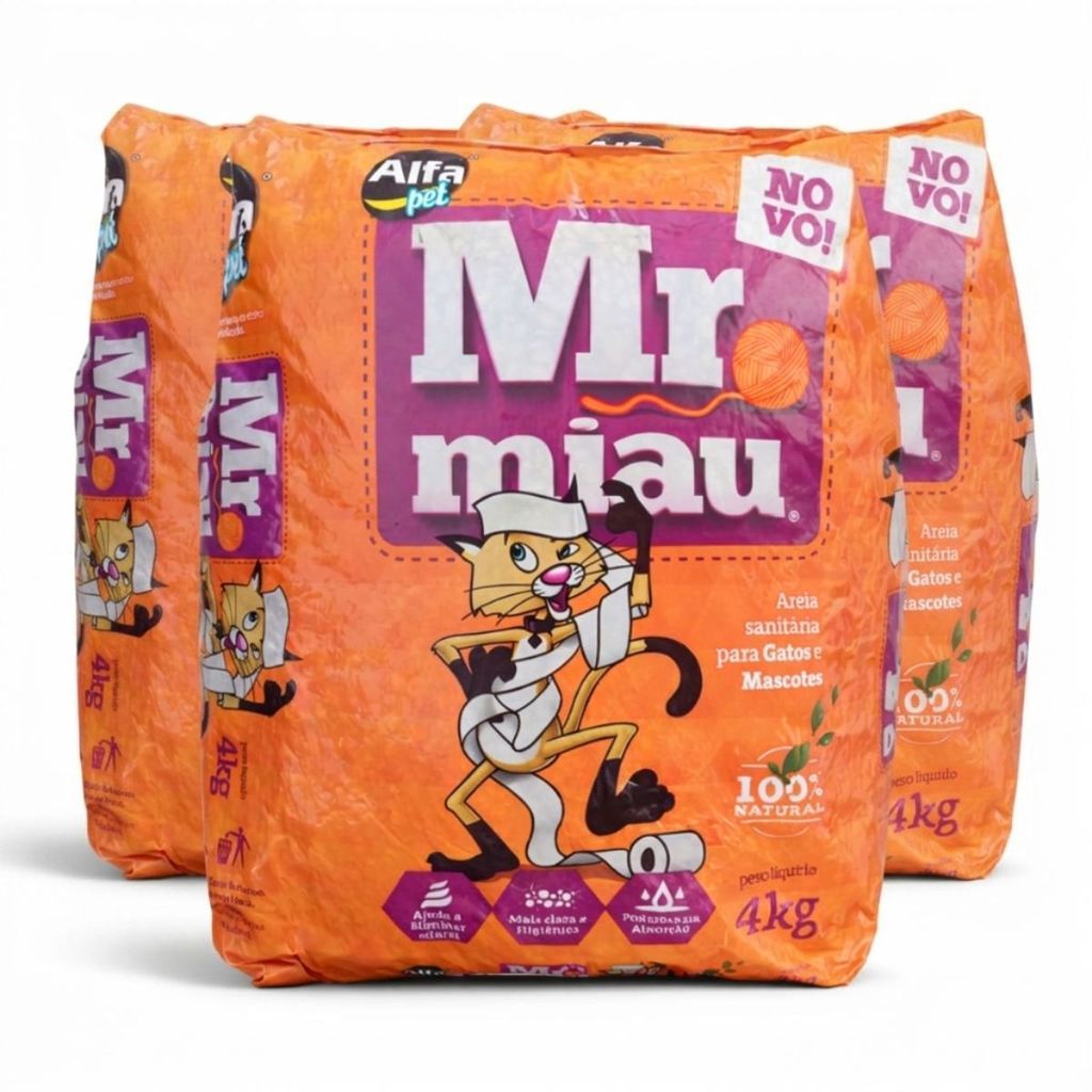 3 Areia Sanitária Natural Mr Miau 4kg Gatos Biodegradável Sustentável Descarte no Vaso Rendimento