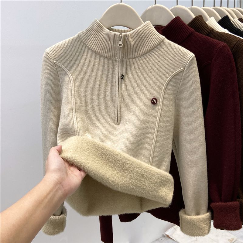 Camisola De Malha Espessada Feminina Gola Zíper Integrado Veludo Alta Outono Inverno Quente Forro De Pelúcia Topo