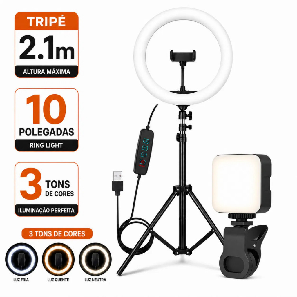 Ring Light Iluminador Anel Luz 26cm 10 Polegadas Tripé 2,1m + Ring light celular quadrada