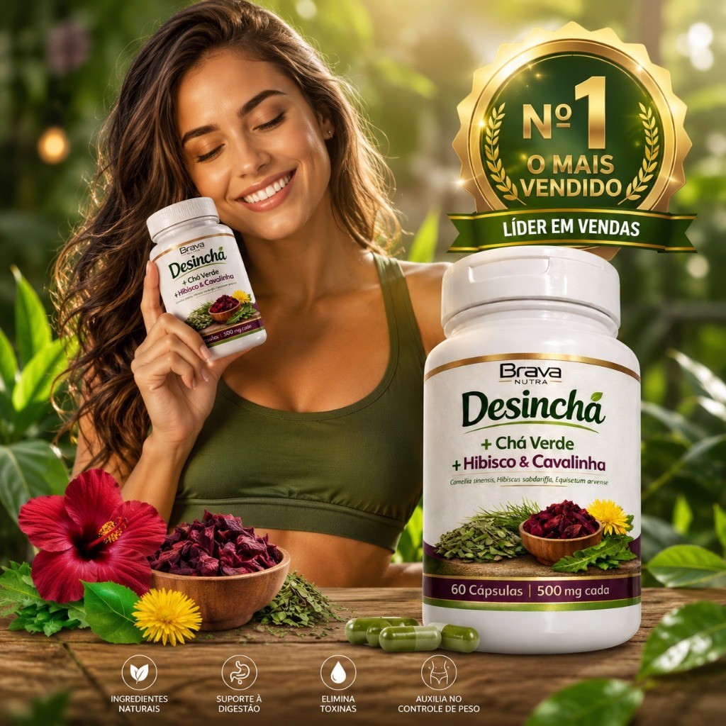 Chá Natural Brava Nutra | Chá Verde + Hibisco + Cavalinha | Reduz Inchaço | 60 Cápsulas