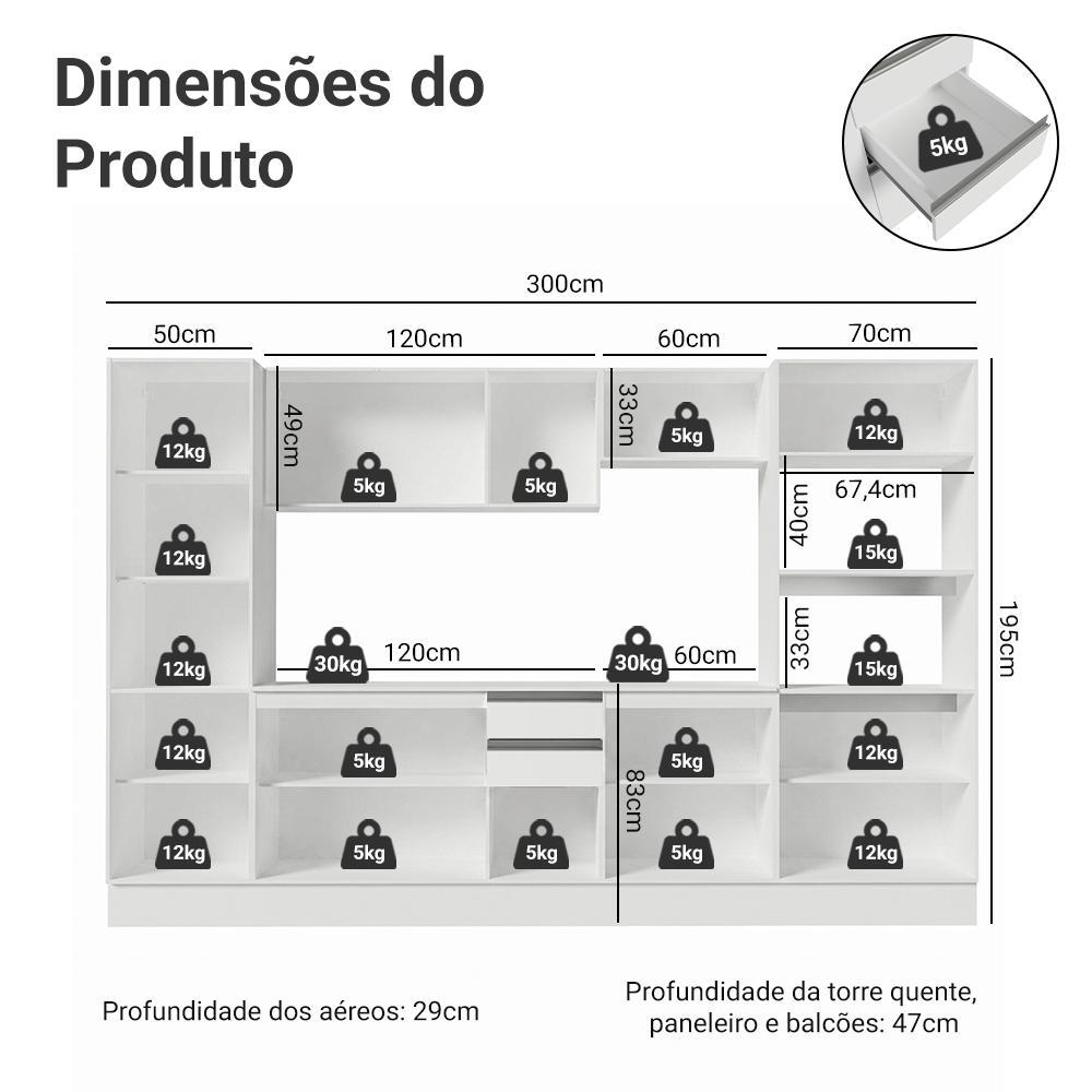 Armário de Cozinha Completa 100% MDF 300 cm Frentes Branco Smart Madesa 01 · foto 2