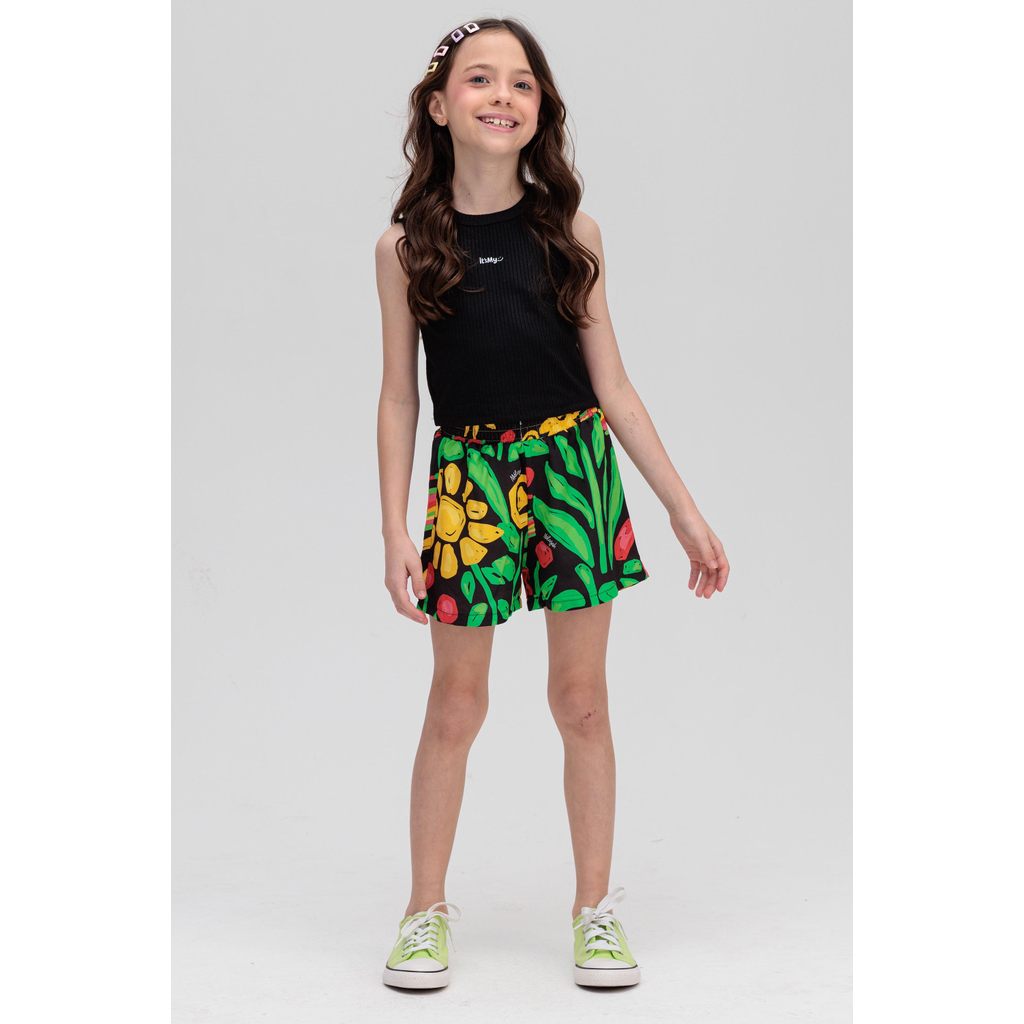 CONJUNTO INFANTIL MENINA REGATA PRETA E SHORT EM VISCOSE ESTAMPADA