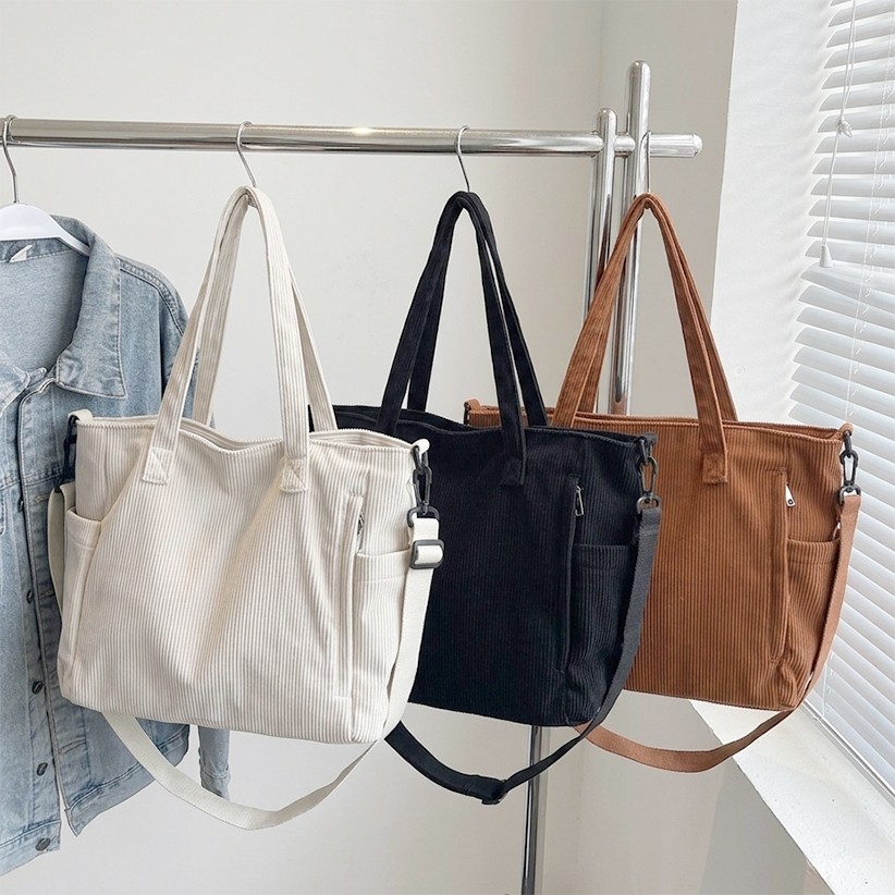 Bolsa Feminina de Veludo Cotelê Grande Tote Bag Ombro e Mão Casual Elegante Espaçosa Versátil Estilo EscolarMaterial: Ve