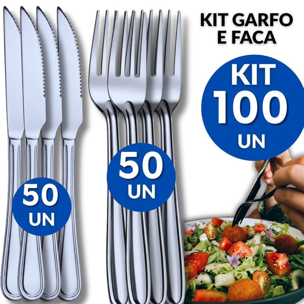 Jogo 100 Talheres Inox 50 Facas 50 Garfos Cozinha Restaurante Buffet Casa Resistência Qualidade Utilidades