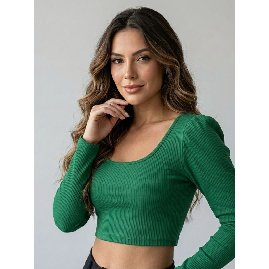 Cropped Feminino Canelado Manga Longa Bufante Decote U Princesa Justo Elegante Casual Moda Blogueira