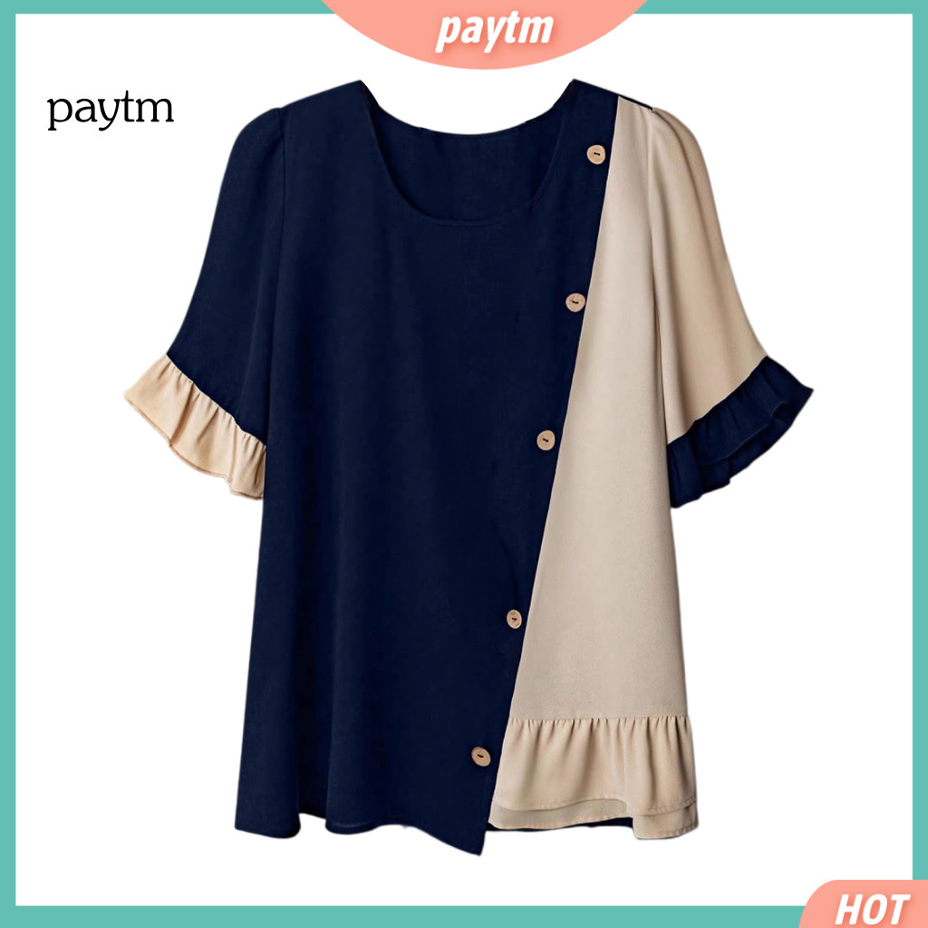 Relaxed Fit Women Tee Pullover Tops Women’s Crew Neck Short Sleeve Blouse with Irregular Ruffle Hem Button Decor Loose