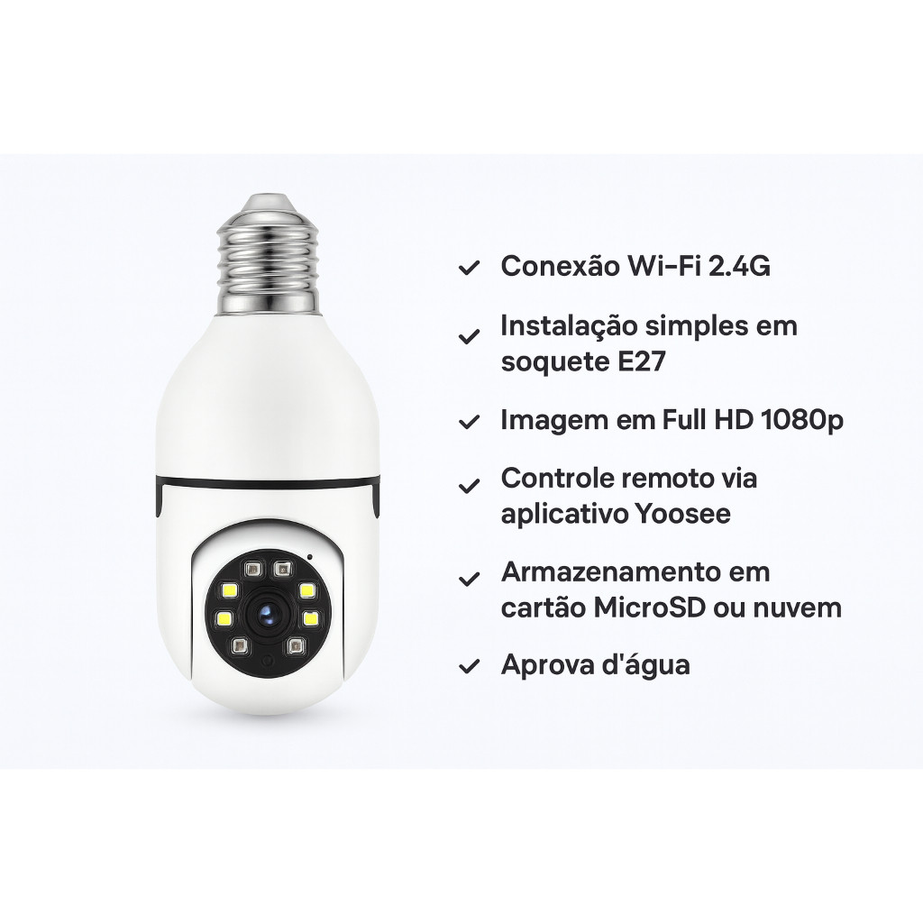 Câmera Smart Wi-Fi 2.4G Lâmpada 360° Full HD com Áudio Bidirecional e App Yoosee | Instalação Fácil