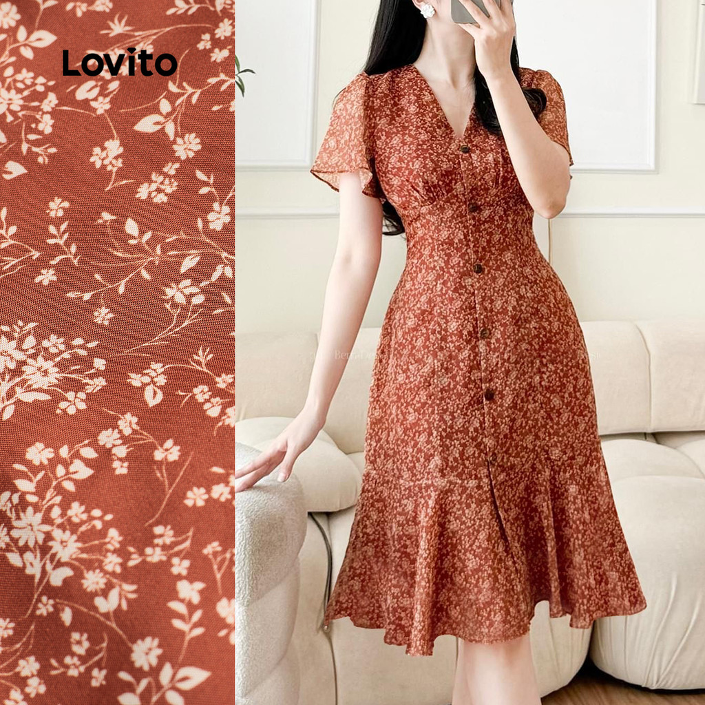 Lovito Vestido Boho Flores Estrutura Primavera/verão para Mulheres L165ED1557
