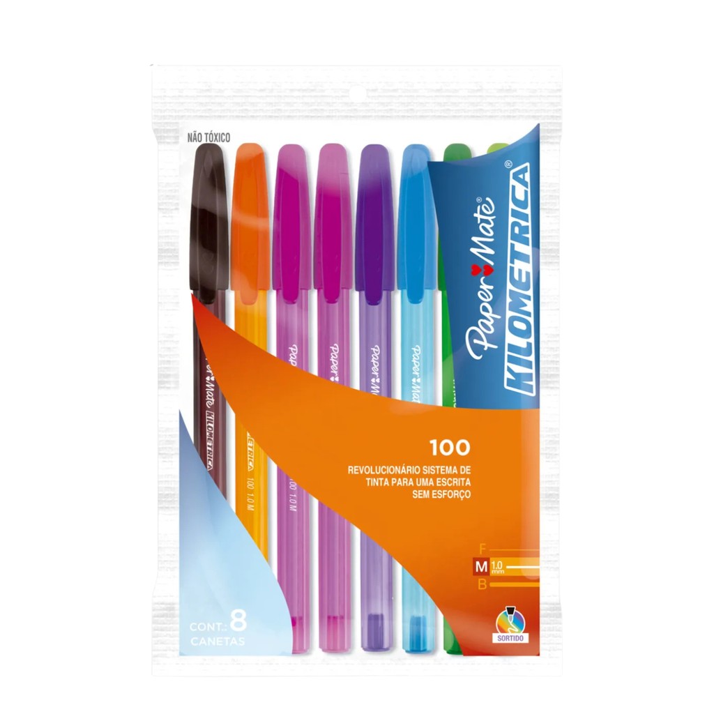 Caneta Esferográfica Paper Mate Kilométrica 100 Colorz Fina  0,7 mm, 8 Cores e 2 Pretas, Multicor, em Oferta na Shopee