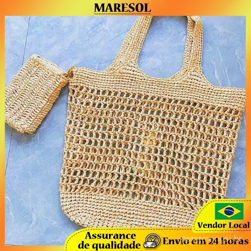 MARESOL Bolsa de Praia Grande Capacidade em Tecido de Palha Oca Lazer Feita à Mão Nova Bolsa de Ombro para Férias