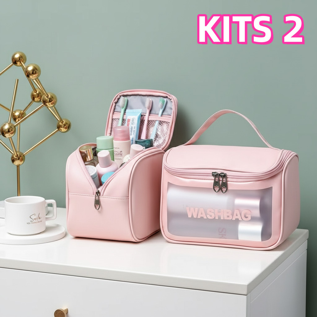 Imagem Kit 2 Necessaire Viagem Impermeável Transparente Maquiagem Higiene
