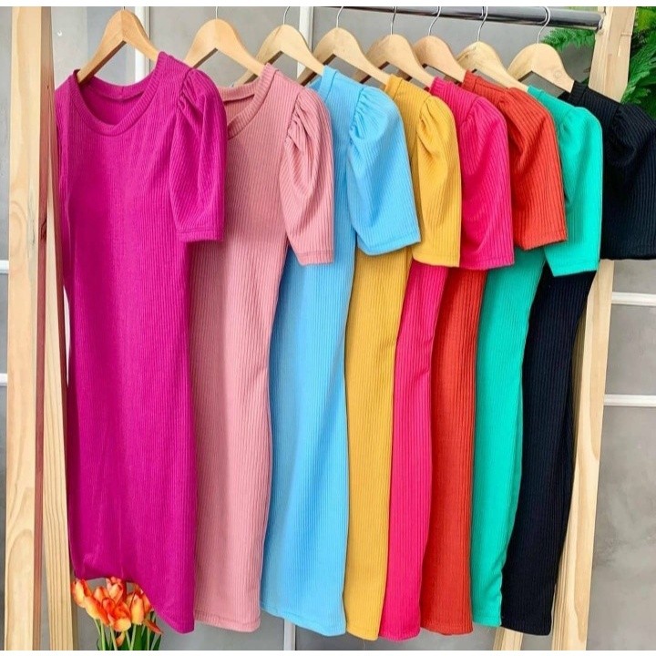 vestido feminino curto manga curta princesa bufante malha canelada ocasião moda bem