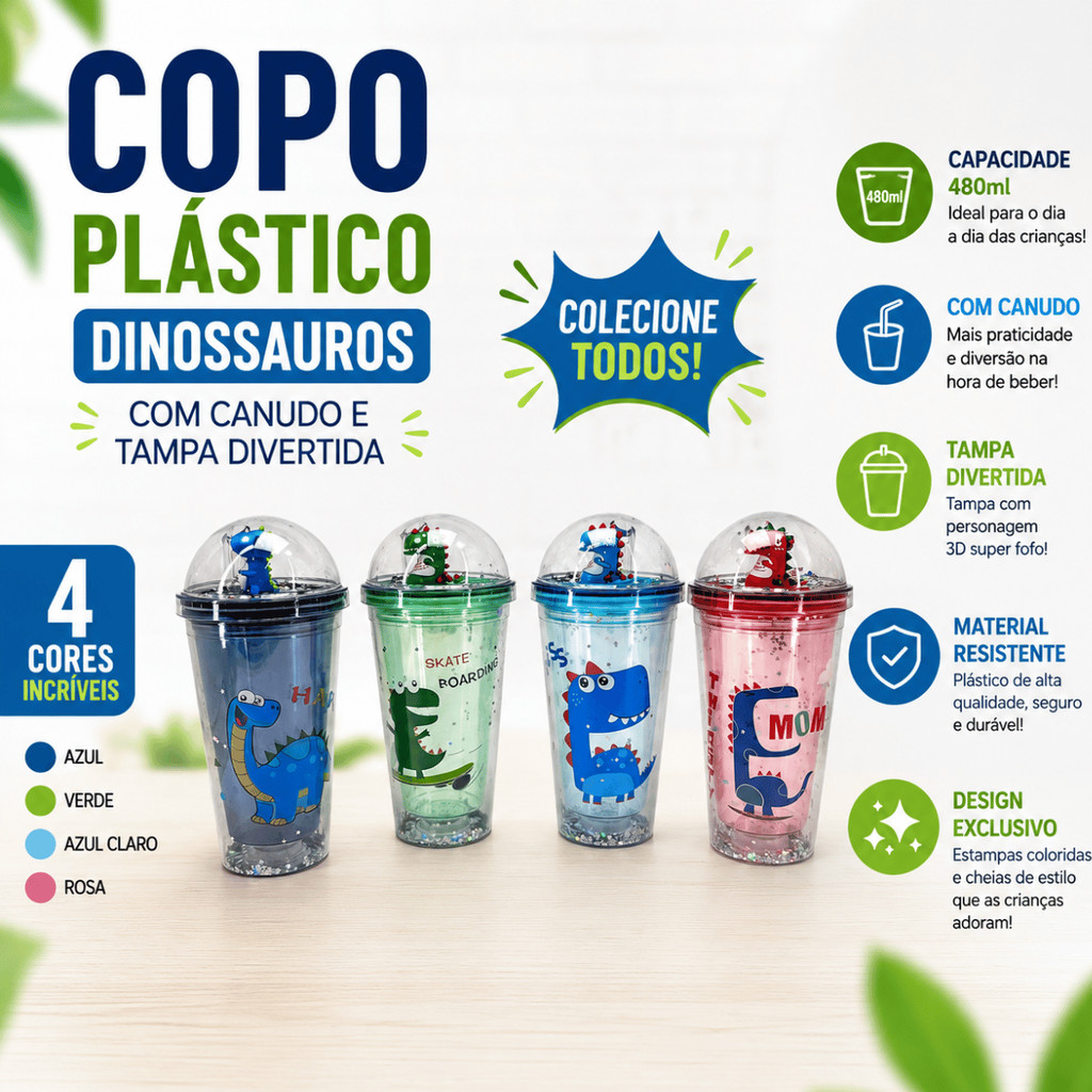 Copo Plástico 480ml Dinossauros com Canudo e Tampa Divertida - Interponte / Infantil Escola Bebidas Passeio Hidratação