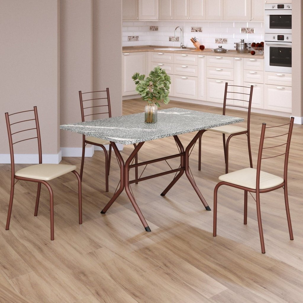 Conjunto Sala de Jantar Mesa Retangular 100x60cm Tampo Granito Topázio 4 Cadeiras Rio Creme/Marrom