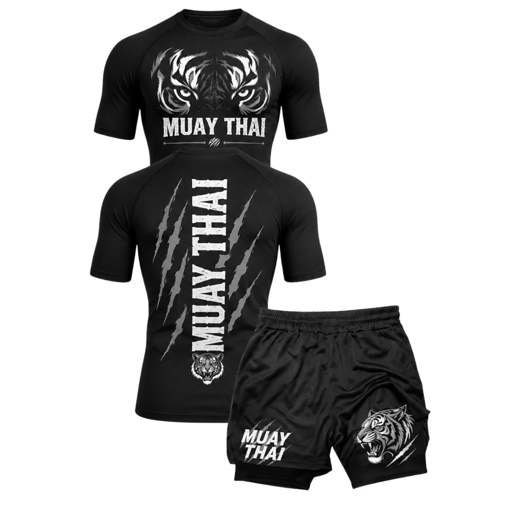Kit Muay Thay Camisa Rashguard Dry Fit + Short 2 em 1 Compressão