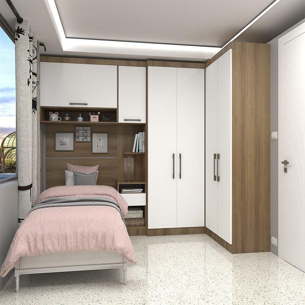Quarto Canto Solteiro Guarda-roupas Cabeceira Mesa Avelã.