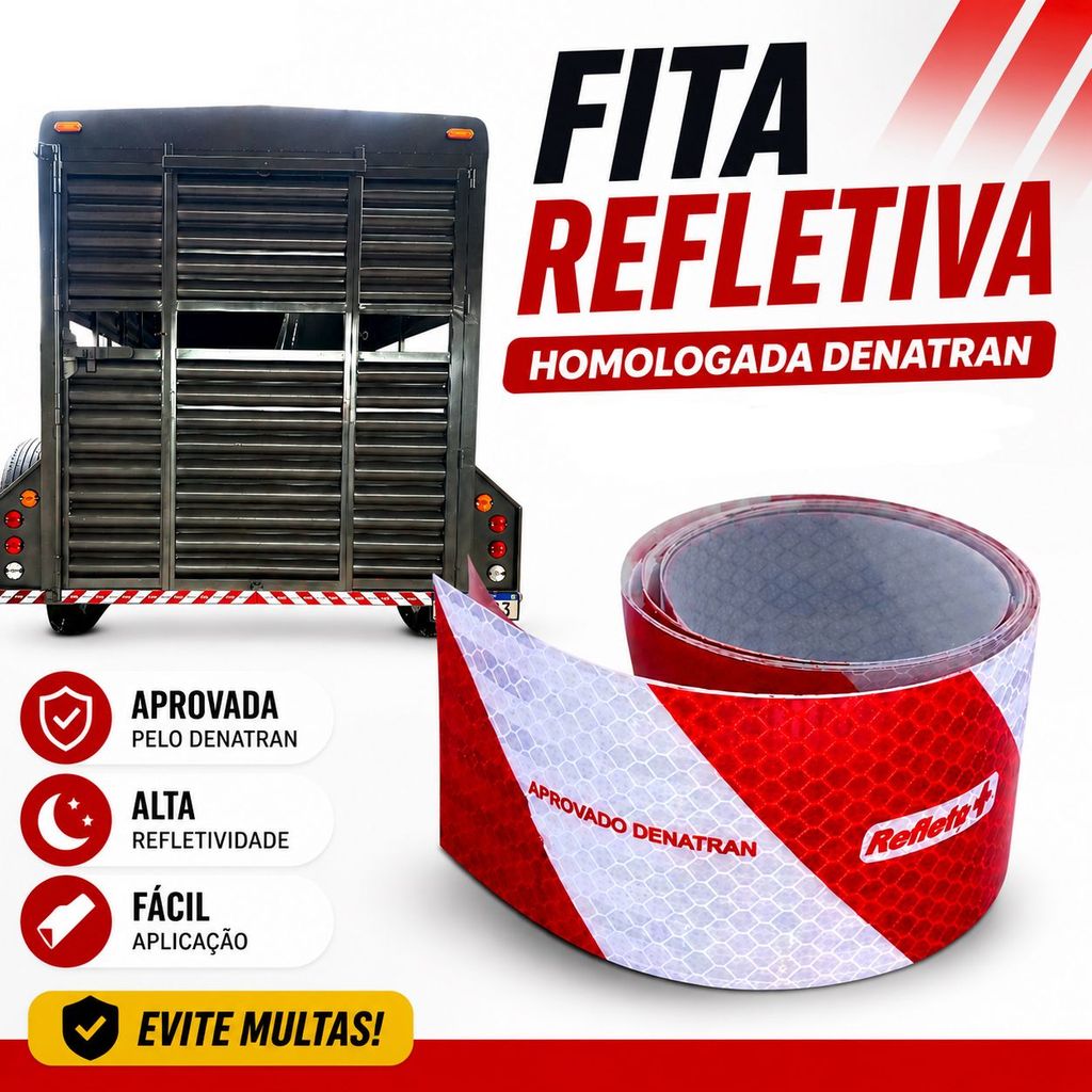 Faixa Fita Refletiva Vermelha/Branca para Carretinha | Homologada Denatran | Evite Multas