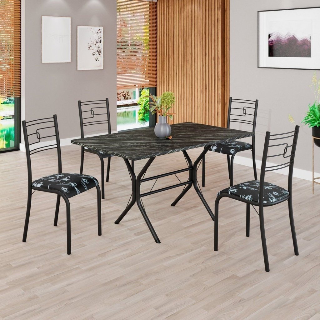 Conjunto Sala de Jantar Mesa Retangular 120x75cm Tampo Pedra Ardósia Indiana 4 Cadeiras Paraty Preto Floral/Preto Fosco