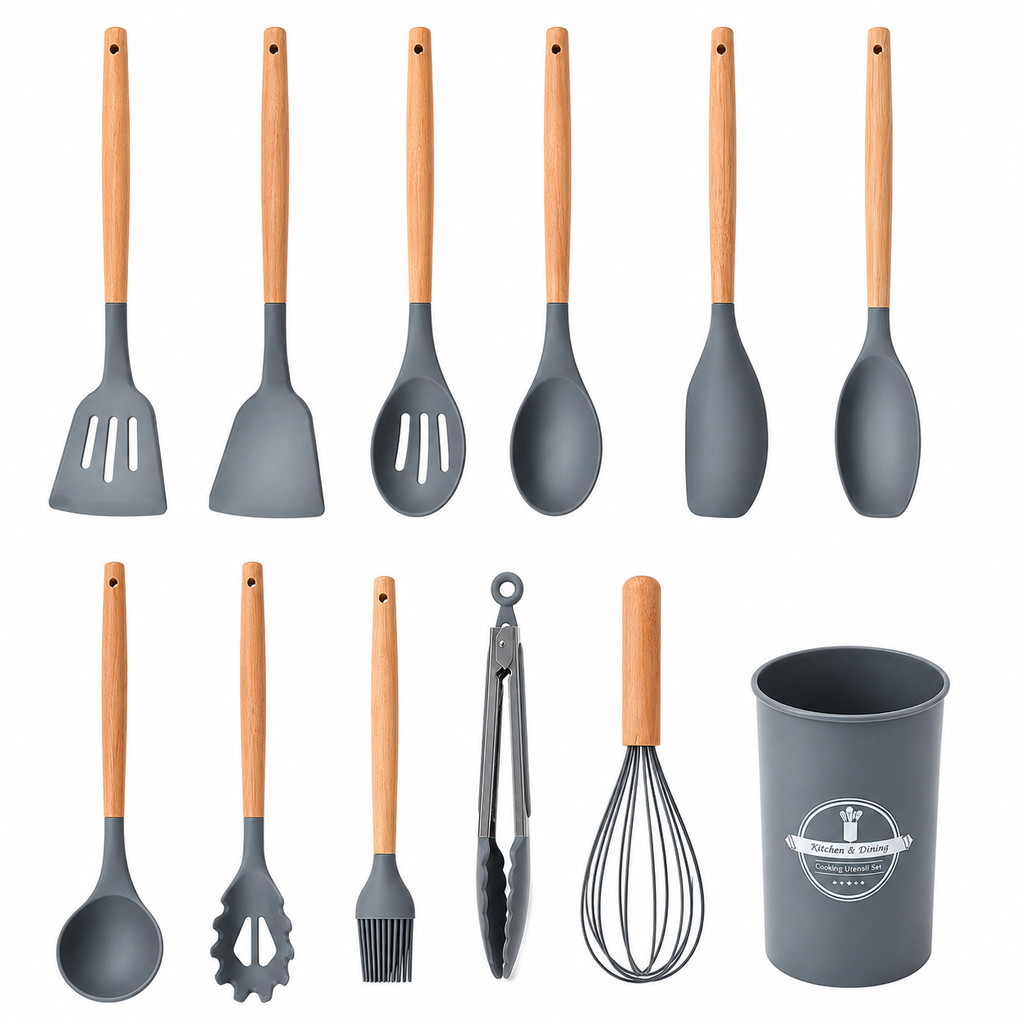 Kit Utensílios de Cozinha Silicone 12 Peças Completo Antiaderente Resistente com Suporte