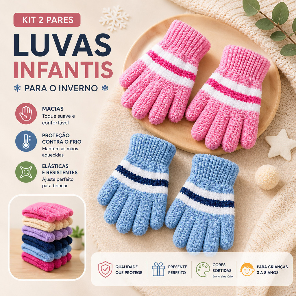 Kit 2 Luvas Infantis Peluciadas para Frio – Macias, Resistentes e Cores Sortidas---WYL Store