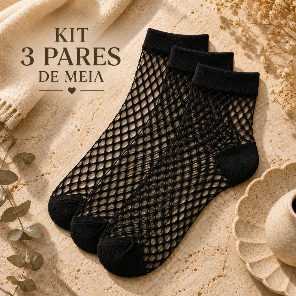 Kit 3 Pares De Meia Arrastão Feminina Cano Baixo Transparente Fashion Casual Moderna