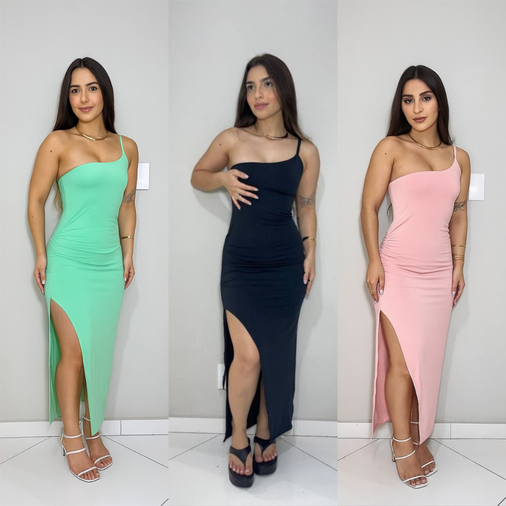 Vestido Midi Mula Manca com Fenda Suplex Um Ombro Só– Elegante, Justo e Confortável!