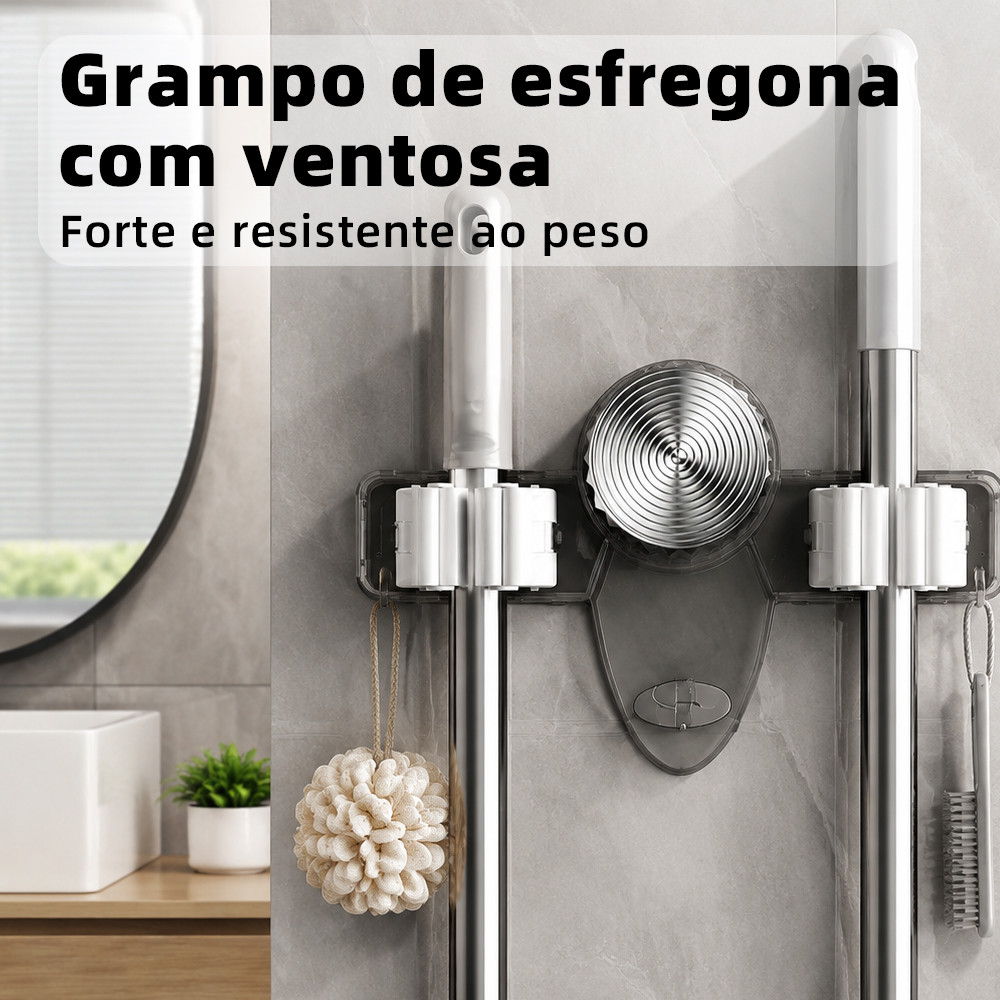 Mop Suporte Vassoura Utensílios Multiuso sem Furar Parede com Ventosa para Cozinha e Banheiro Organização de Utensílios