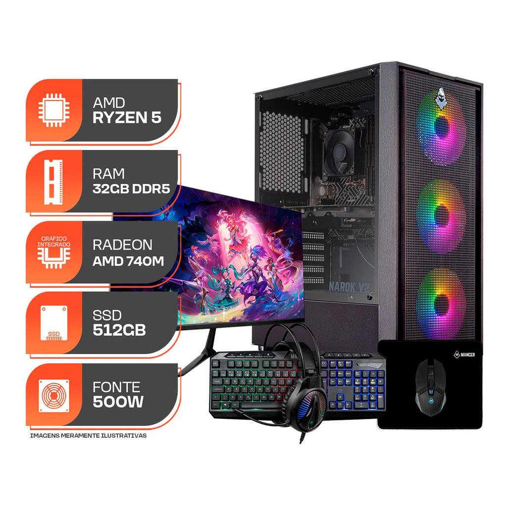 Pc Gamer Forge, Amd Ryzen 5 8500g, 32gb Ddr5, SSD M.2 512gb, 500w 80 Plus, Completo com Monitor e Periféricos