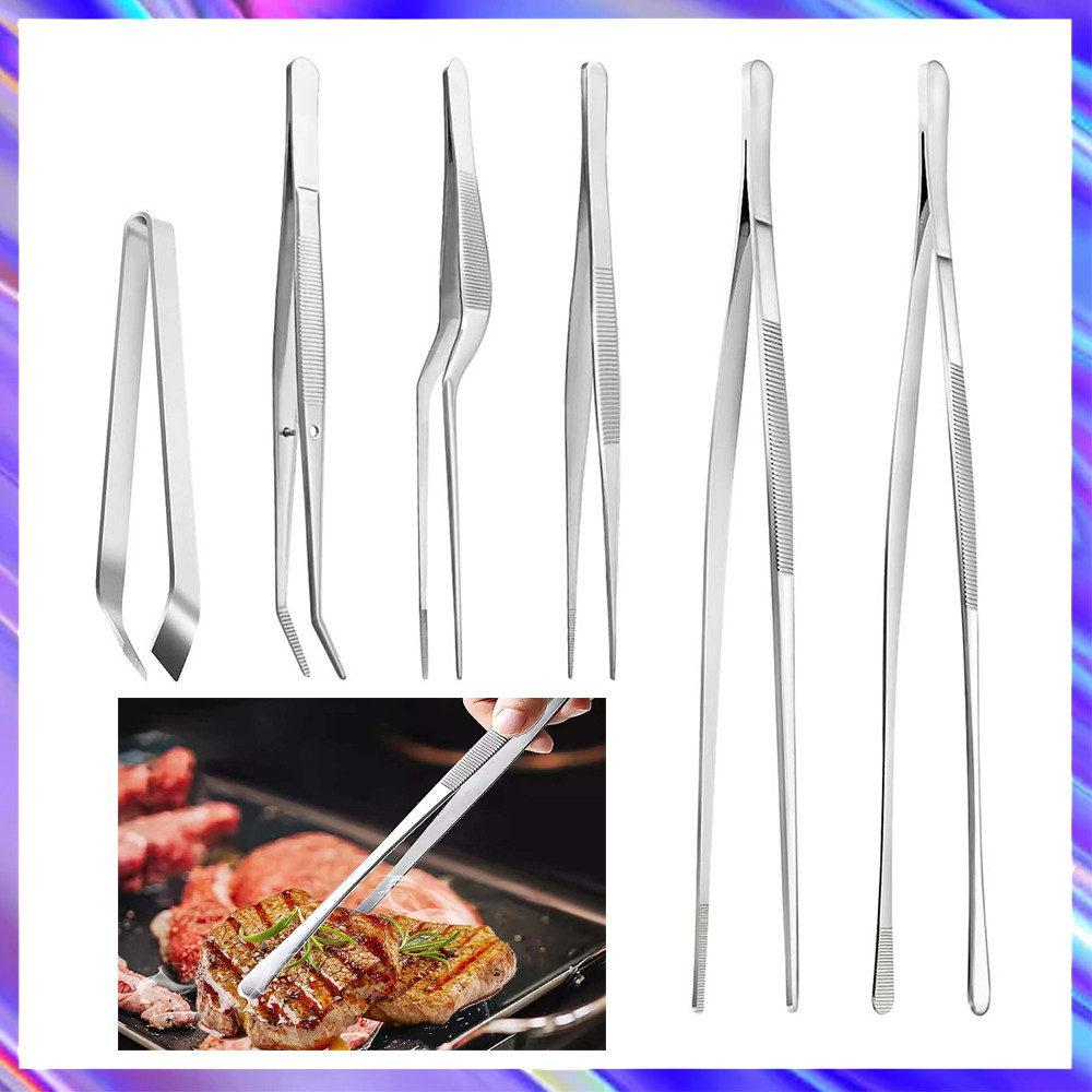 6 Peças Pinças de cozinha de aço inoxidável, pinças de cozinha finas para cozinhar, grelhar e assar, pinças extra-longas
