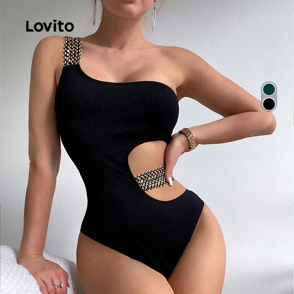 Lovito Fato de Banho de Uma Peça Preto para Mulheres com Fita Contrastante para a primavera/verão LNL126240 em Oferta na Shopee
