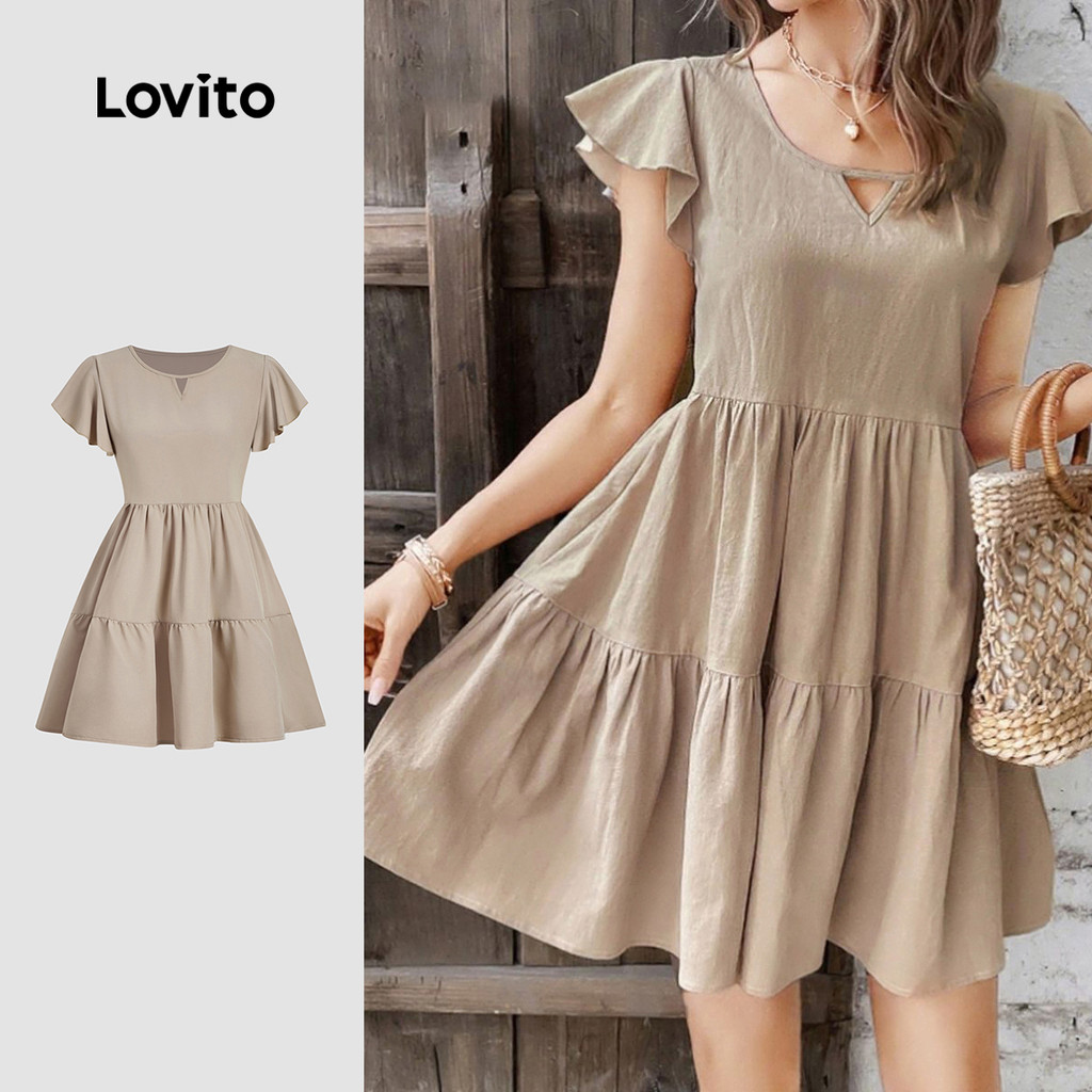 Lovito Vestido Elegante em Camadas para Primavera/verão em Caqui para Mulheres L165ED1313 em Oferta na Shopee
