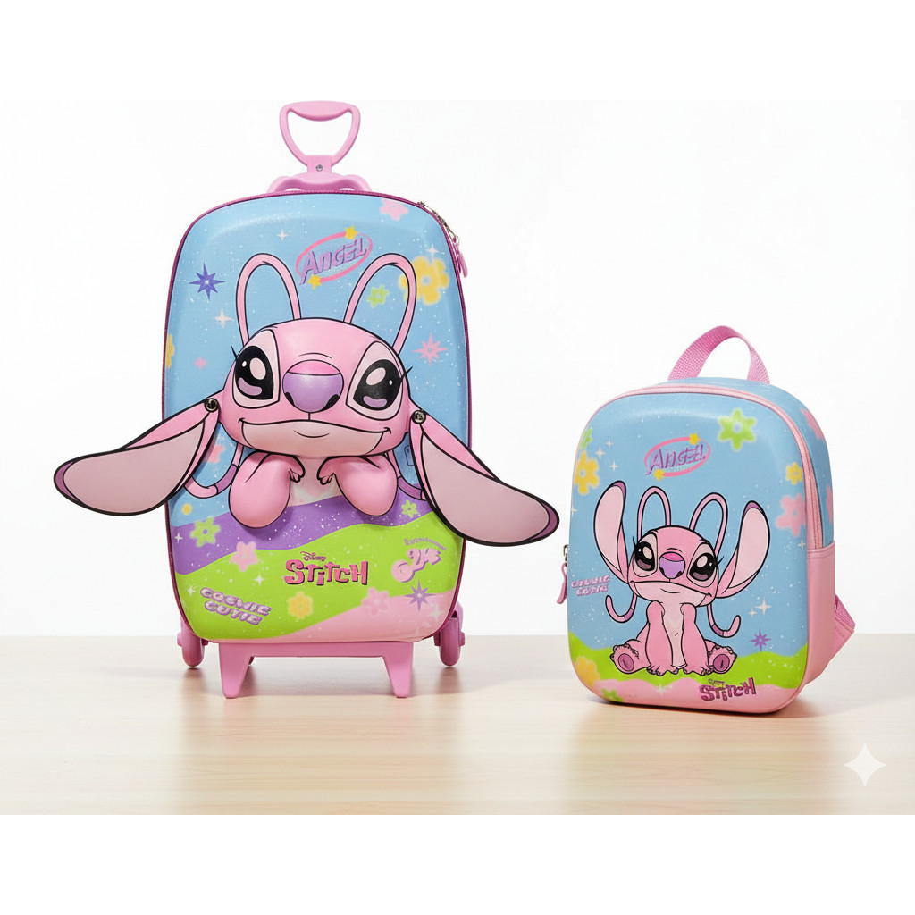 Kit Mochila De Rodinha Angel Stitch C/ Lancheira Mala 3d