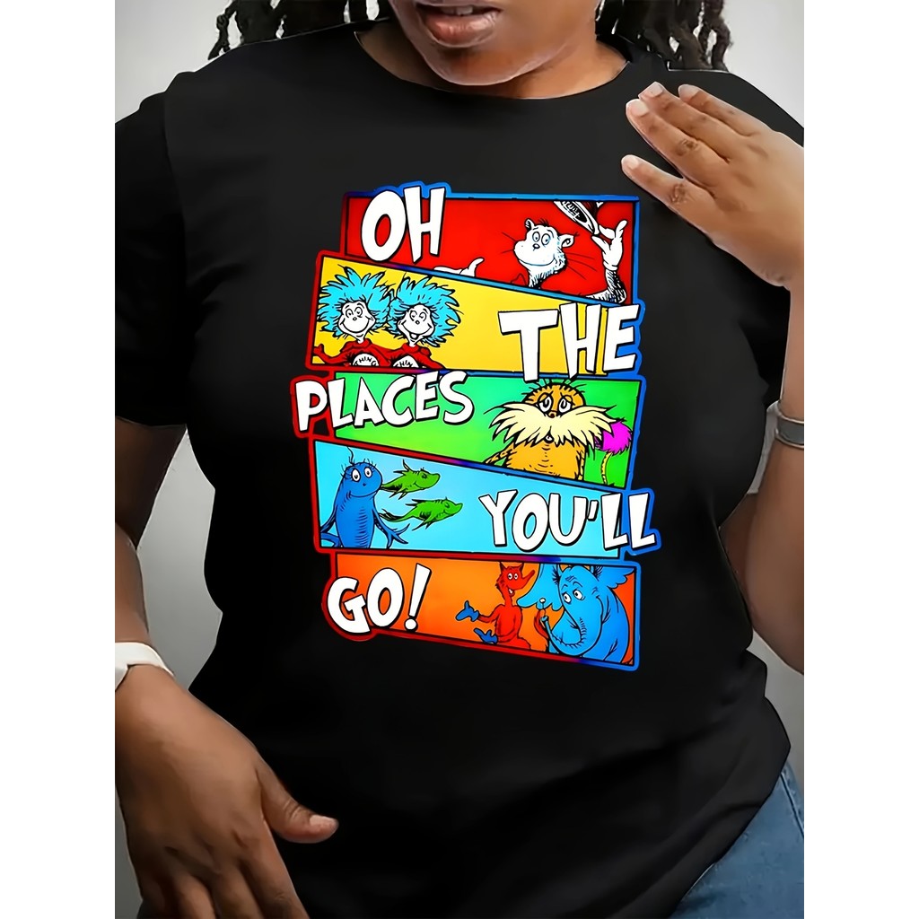 BR.Moonlight Camiseta Feminina Plus Size Oh The Places Youll Go Cartoon Colorido Design Confortável Divertida Estilosa
