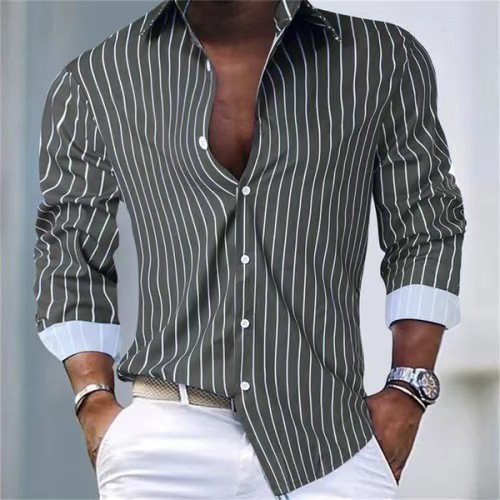 Camisa Casual masculina estampada listras soltas novo estilo de manga comprida moda masculina Top de manga comprida