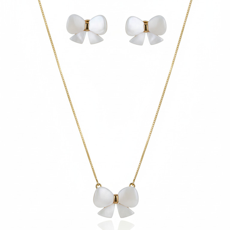 Conjunto Laço com Detalhe Branco Acetinado Banhado | Feminino | Banhado Ouro 18K | Antialérgico | Semijoia