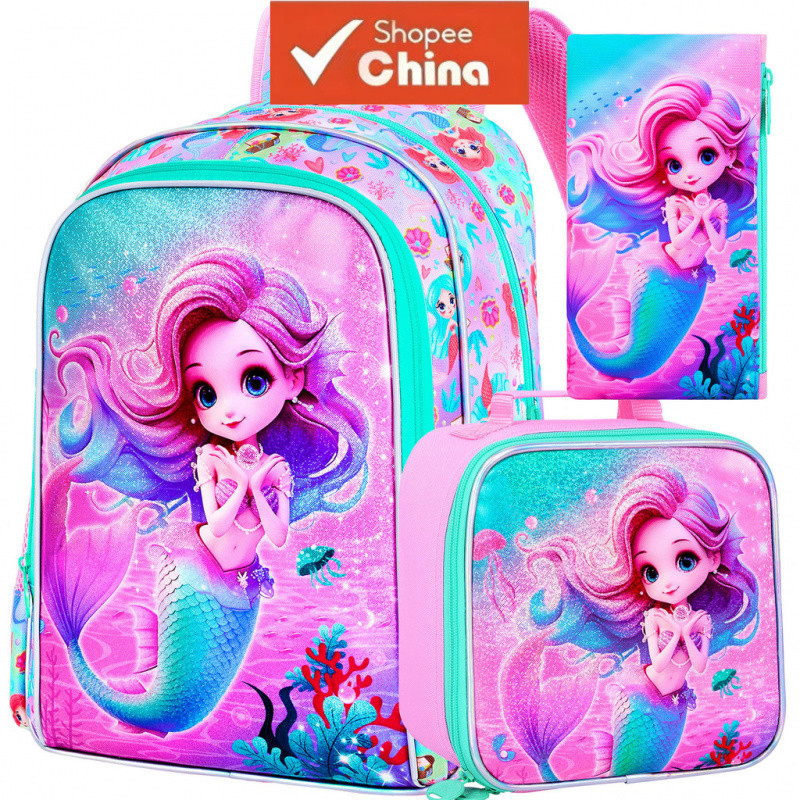 Mochila Escolar Infantil à Prova d'Água para Meninas de 5 a 10 Anos, Kit com Bolsa Térmica para Almoço e Estojo de Lápis