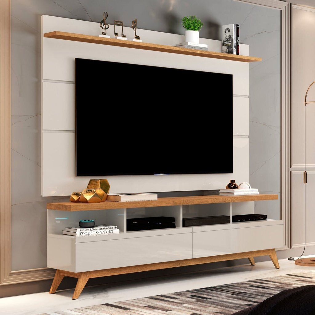 Rack com Painel para TV até 60 Polegadas MDF 160cmx194cm Pés em Madeira Maciça Vivare Bege Off White/Nature Off