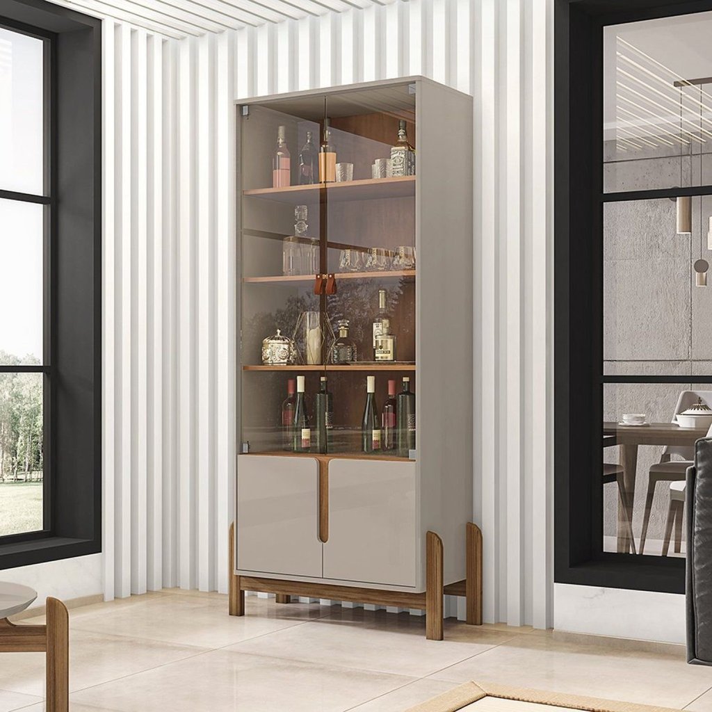 Cristaleira 4 Portas Vidro MDF Off White Cedro 83cm Lizz Bege Off White/Cedro
