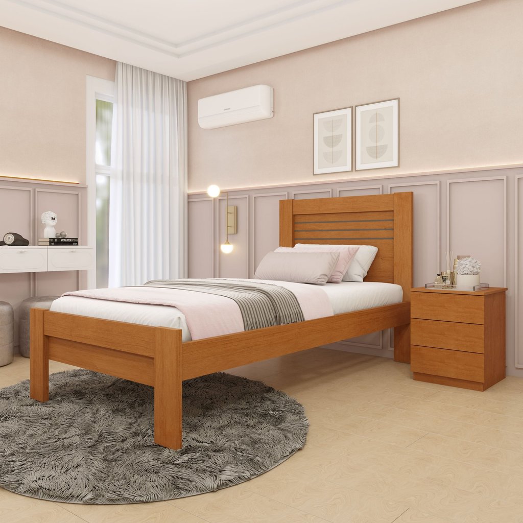 Cama Solteiro 100% MDF Safira Bege/Cinamomo Cinamomo